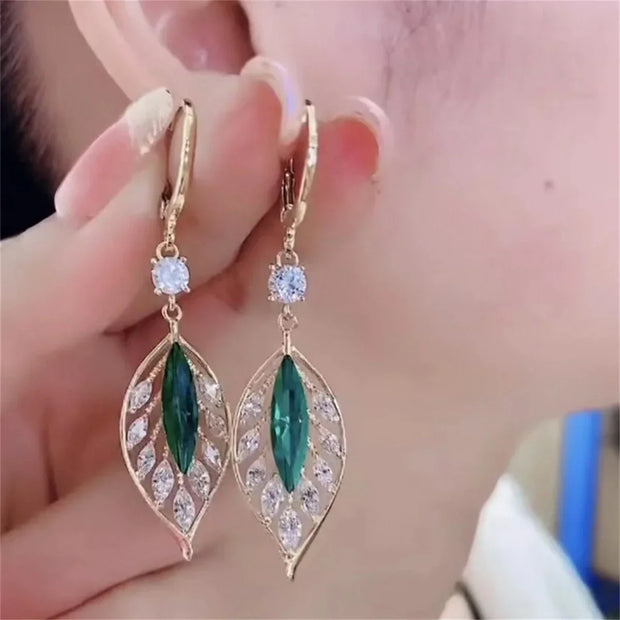 New Fashion Crystal Leaf Tassel Drop Earrings For Women