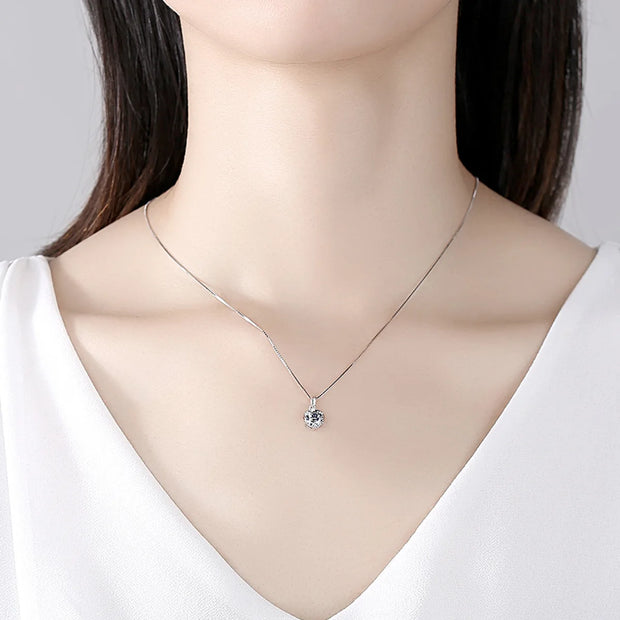 Round-Cut of 1 Carat Moissanite Pendant Necklace on a Box-Link Chain in 925 Sterling Silver